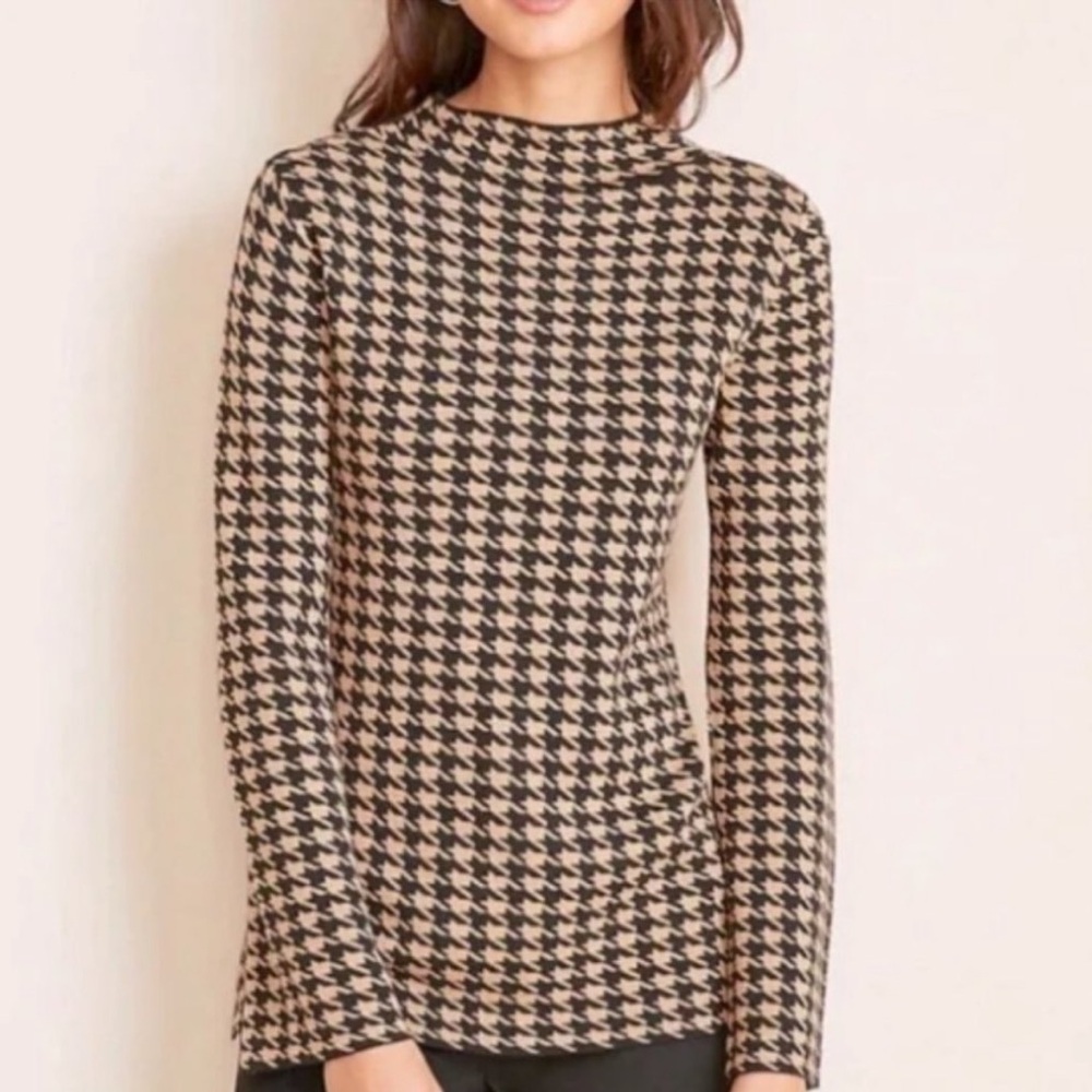 Ann Taylor Black & Tan Houndstooth Mock Neck Turtleneck Sweater NWOT Size Small